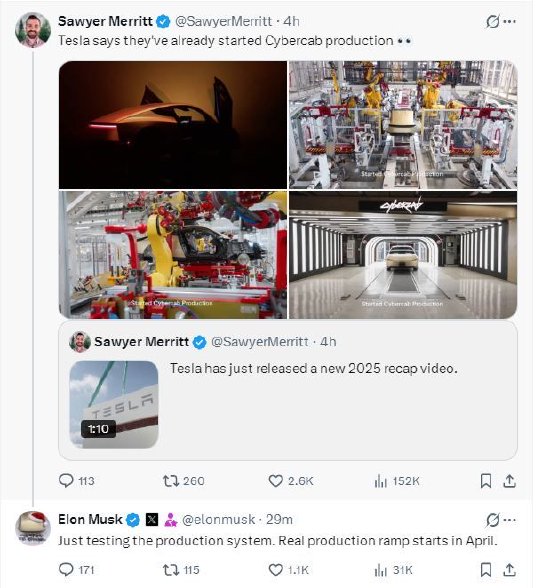 马斯克称正测试Cybercab生产系统，量产将从4月开